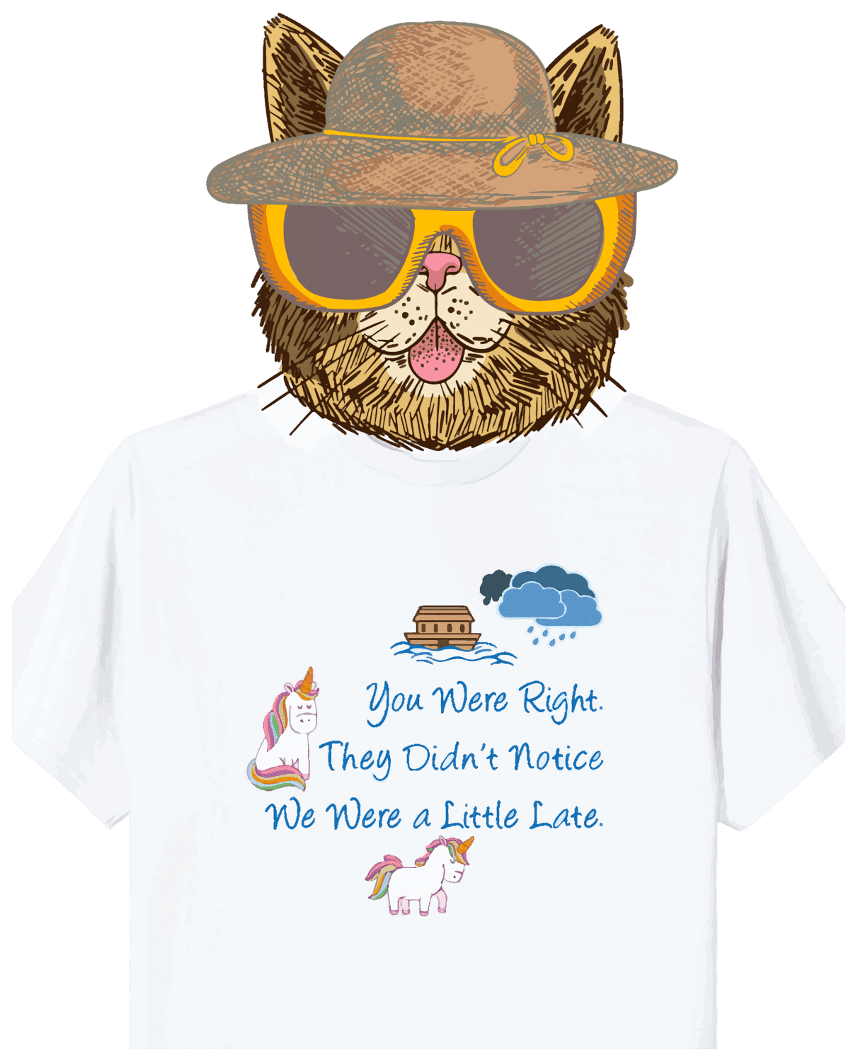 Funny unicorn's missed the ark, shirt mock up.