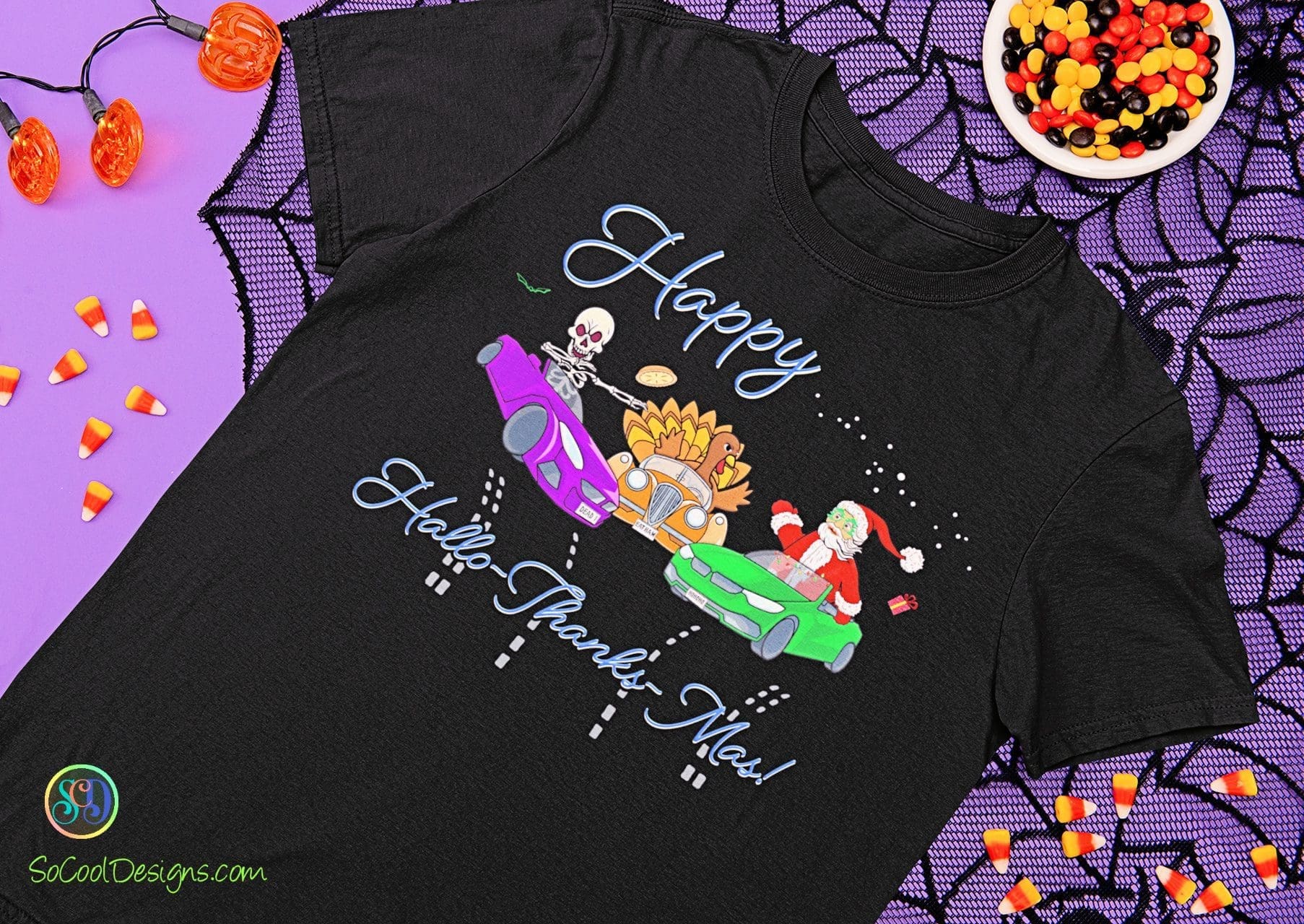 HalloThanksMas design featuring crashing holidays.