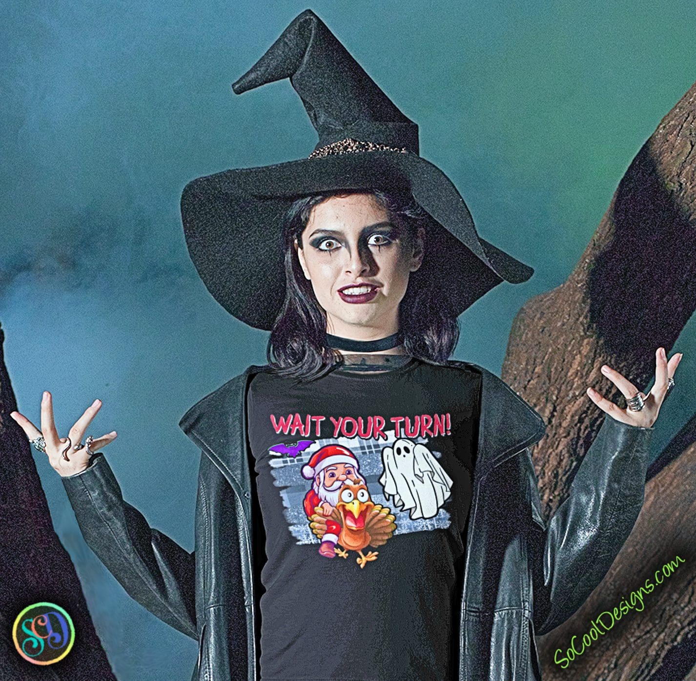 HalloThanksMas "Wait Your Turn" design worn by witch.