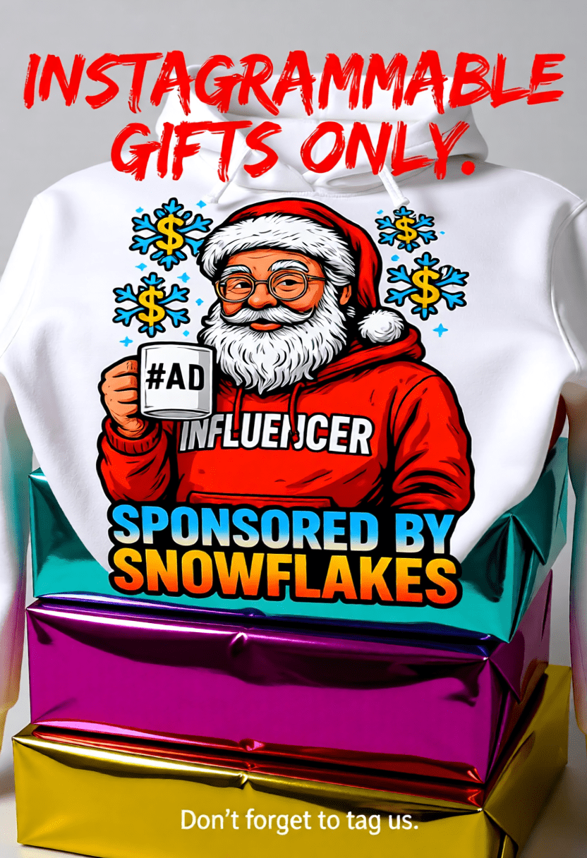 Funny social media influencer Santa hoodie.